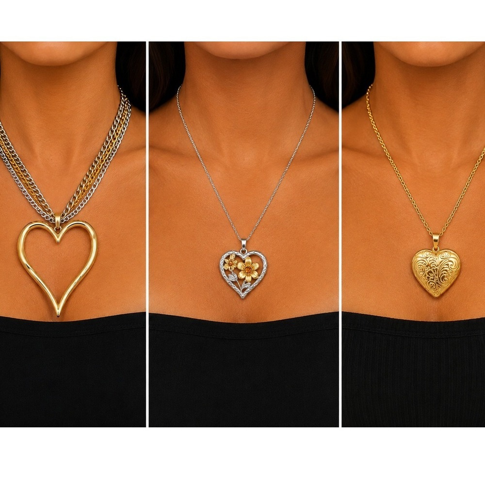 Womens Heart Necklace Set 3pc Gold Locket Large Open Heart Sunflower Pendant